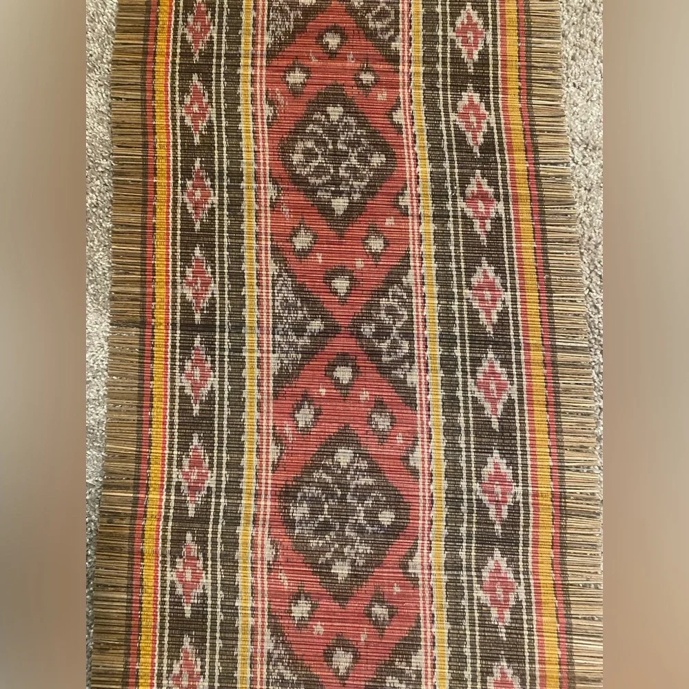 Ethnic Straw Table Runner with Red Mustard Black White Design